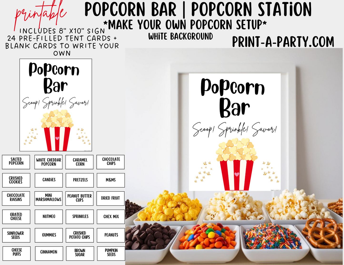 POPCORN BAR Sign & Toppings Labels Printable - White - Perfect for Movie Night, Sleepover, Shower, Circus Party Decor and more!