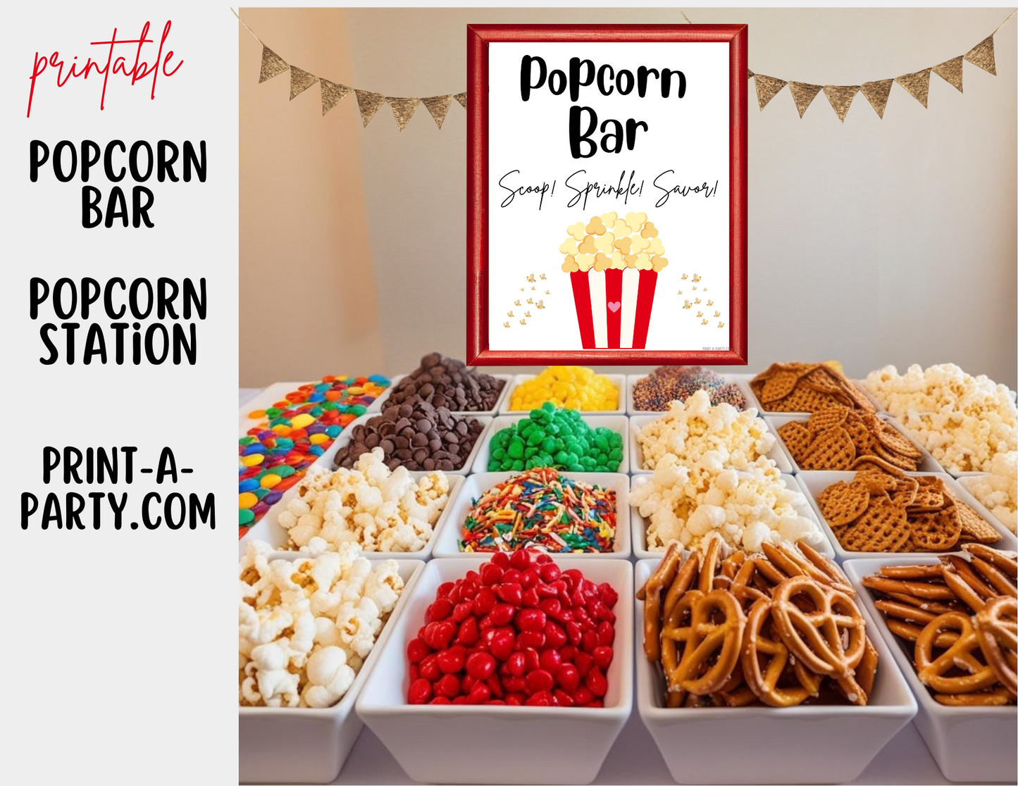POPCORN BAR Sign & Toppings Labels Printable - White - Perfect for Movie Night, Sleepover, Shower, Circus Party Decor and more!
