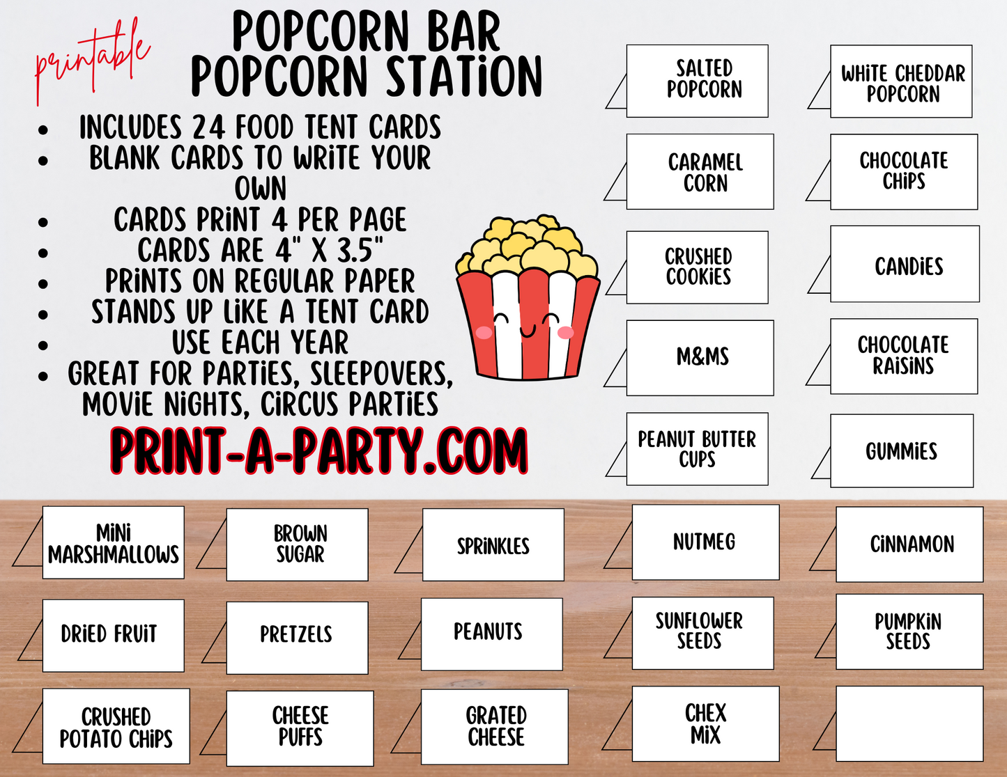 POPCORN BAR Sign & Toppings Labels Printable - White - Perfect for Movie Night, Sleepover, Shower, Circus Party Decor and more!