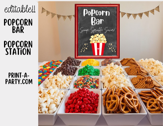 Editable POPCORN BAR - Chalkboard Sign and Toppings Labels Template - Perfect for Parties, Showers, Movie Party, Circus Party or Sleepover Slumber Parties