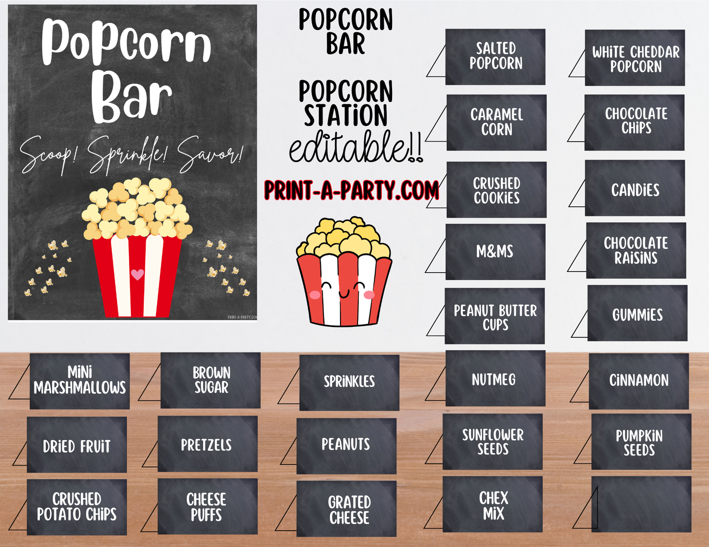 EDITABLE POPCORN BAR | POPCORN STATION Setup - Chalkboard | Popcorn Bar Sign | Party Food Bar | Movie Party | Circus Party | Bridal Baby Shower | Sleepover | DIY Popcorn Bar
