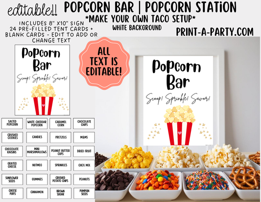 Editable POPCORN BAR - White Sign and Toppings Labels Template - Perfect for Parties, Showers, Movie Party, Circus Party or Sleepover Slumber Parties