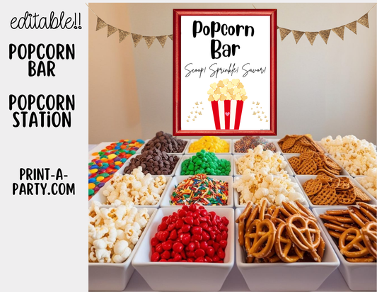 Editable POPCORN BAR - White Sign and Toppings Labels Template - Perfect for Parties, Showers, Movie Party, Circus Party or Sleepover Slumber Parties