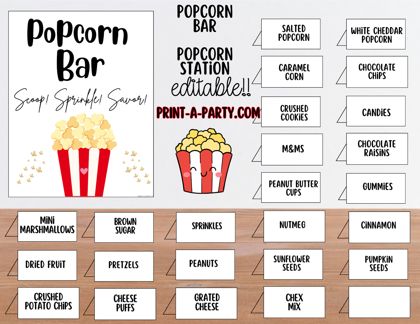 EDITABLE POPCORN BAR | POPCORN STATION Setup - White | Popcorn Bar Sign | Party Food Bar | Movie Party | Circus Party | Bridal Baby Shower | Sleepover | DIY Popcorn Bar