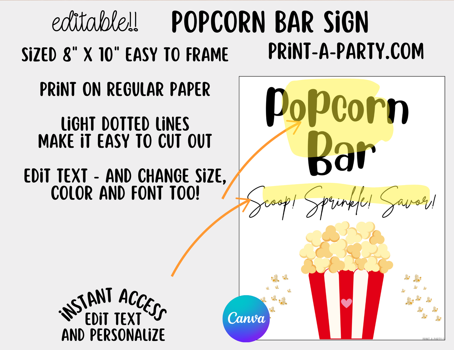EDITABLE POPCORN BAR | POPCORN STATION Setup - White | Popcorn Bar Sign | Party Food Bar | Movie Party | Circus Party | Bridal Baby Shower | Sleepover | DIY Popcorn Bar