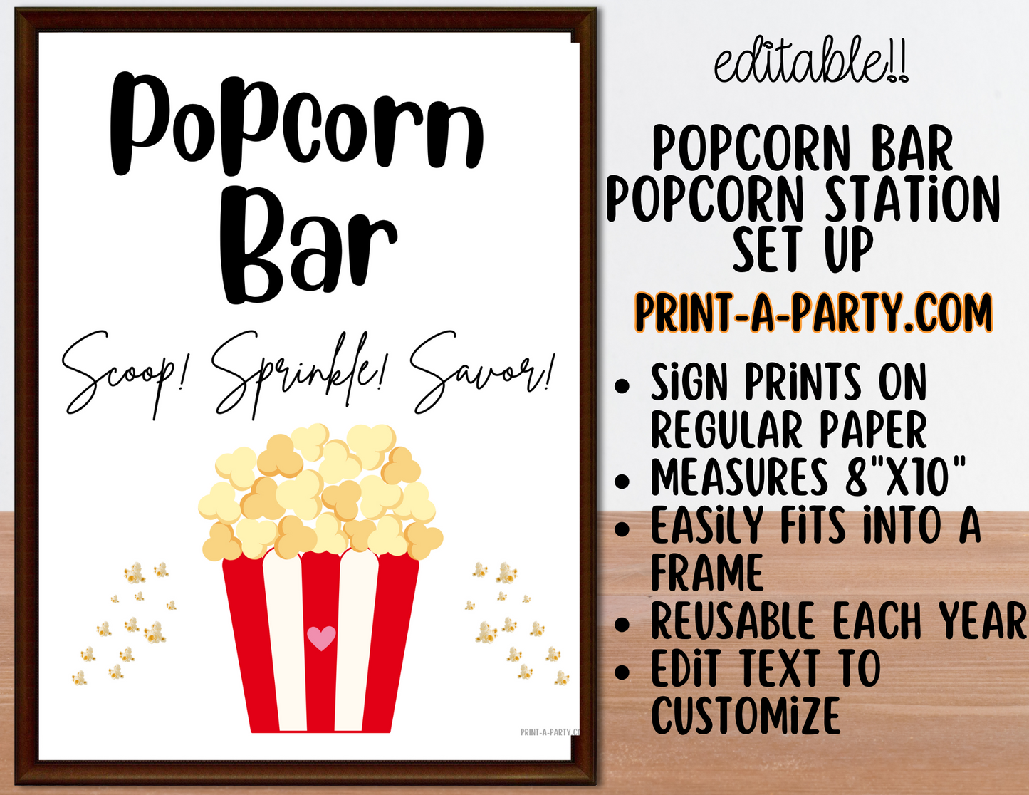 EDITABLE POPCORN BAR | POPCORN STATION Setup - White | Popcorn Bar Sign | Party Food Bar | Movie Party | Circus Party | Bridal Baby Shower | Sleepover | DIY Popcorn Bar