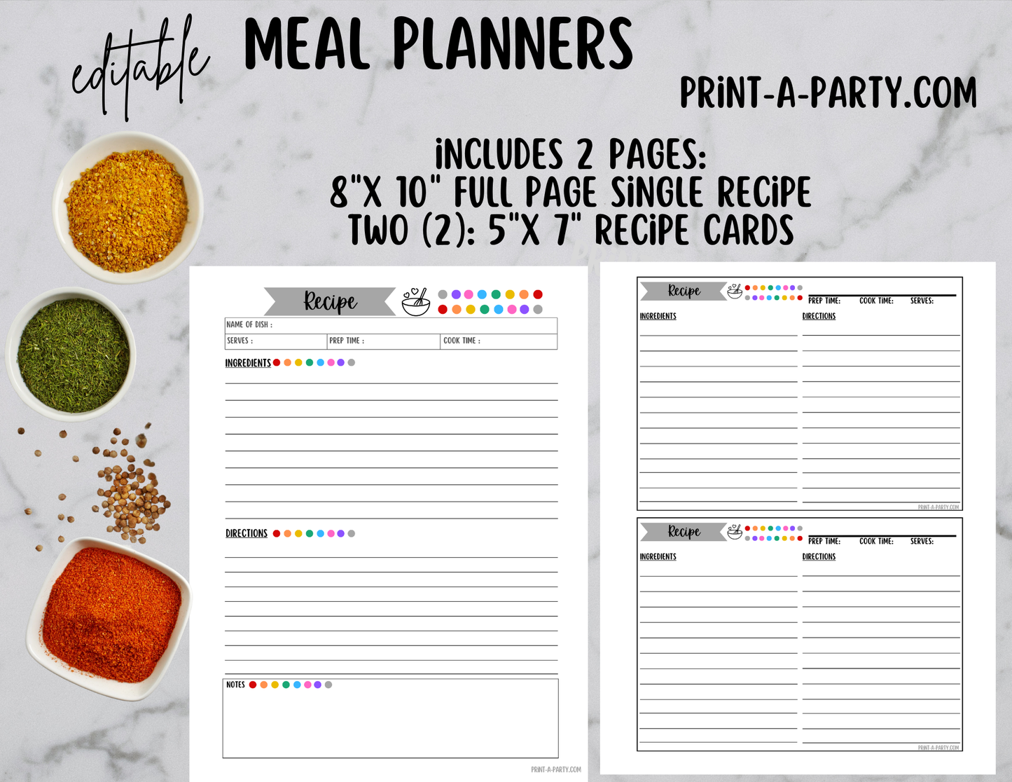 MEAL PLANNING: Printable RECIPE TEMPLATE - Full Page 8x10 and 2 Cards 5x7 | Recipe Binder | DIY Cookbook