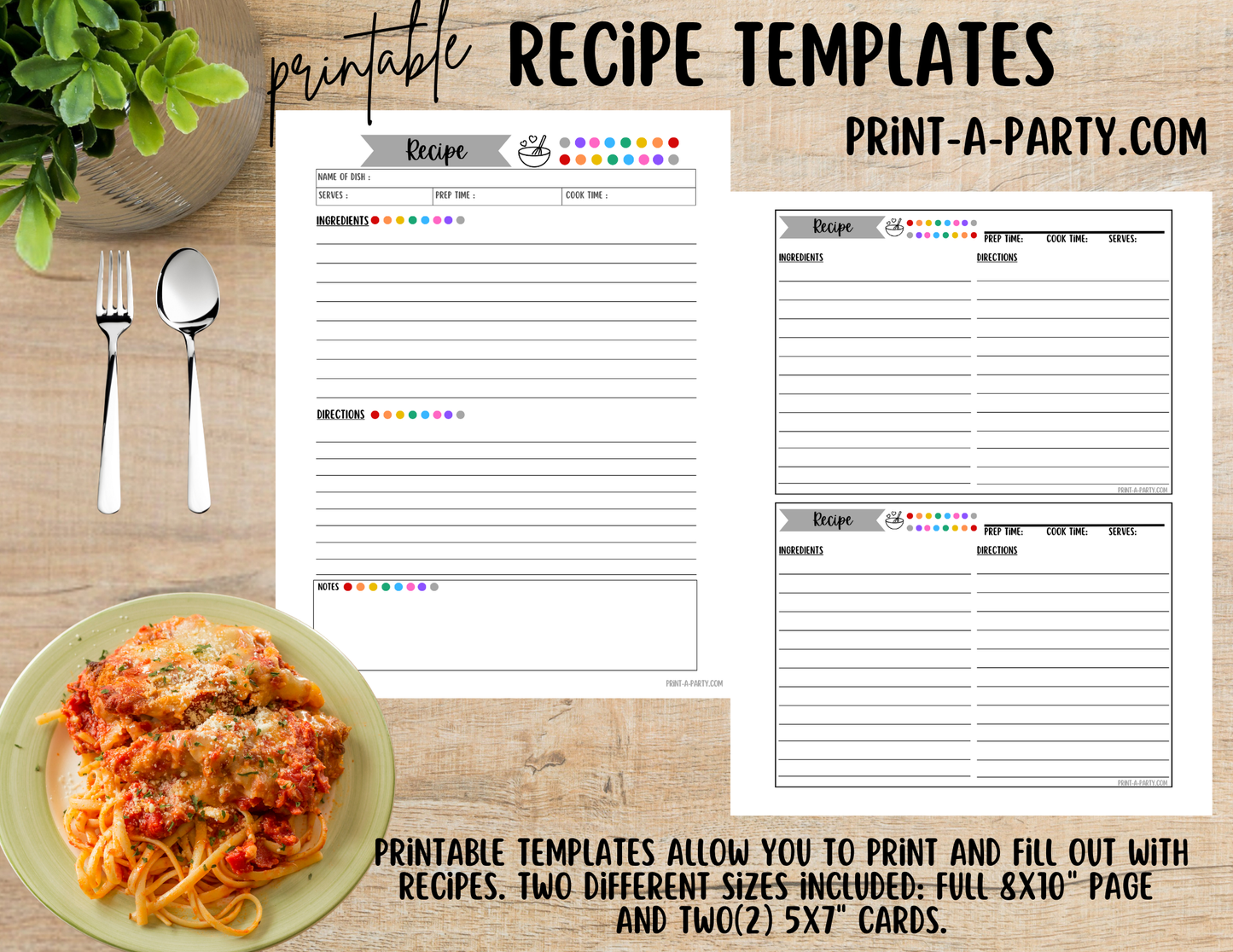 MEAL PLANNING: Printable RECIPE TEMPLATE - Full Page 8x10 and 2 Cards 5x7 | Recipe Binder | DIY Cookbook