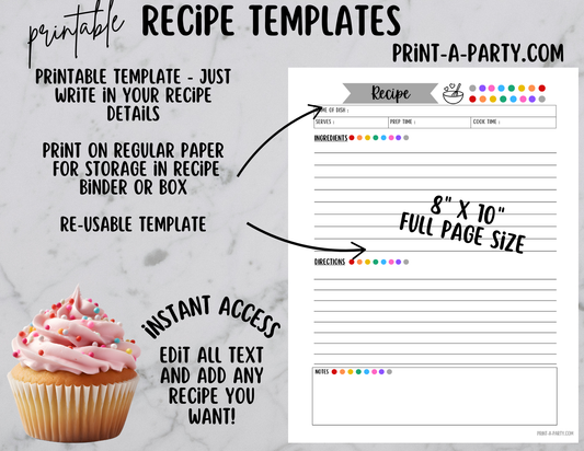 MEAL PLANNING: Printable RECIPE TEMPLATE - Full Page 8x10 and 2 Cards 5x7 | Recipe Binder | DIY Cookbook
