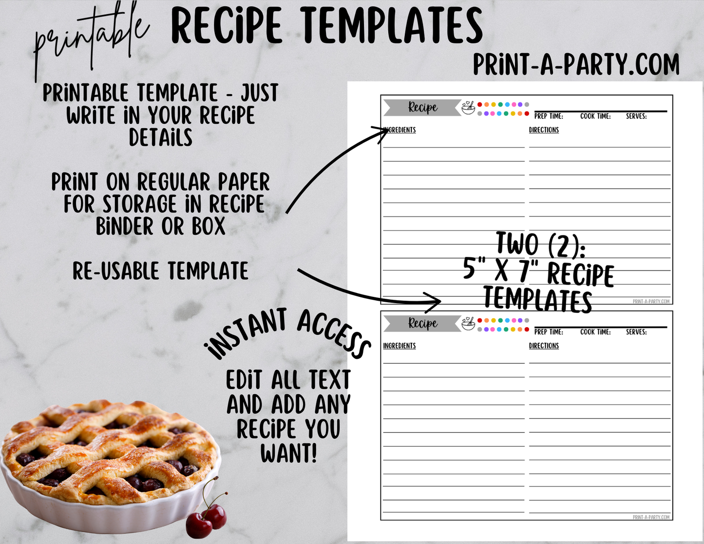 MEAL PLANNING: Printable RECIPE TEMPLATE - Full Page 8x10 and 2 Cards 5x7 | Recipe Binder | DIY Cookbook