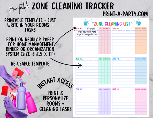 CLEANING: Printable Zone Cleaning Checklist Template | Home Management Binder | Home Organization