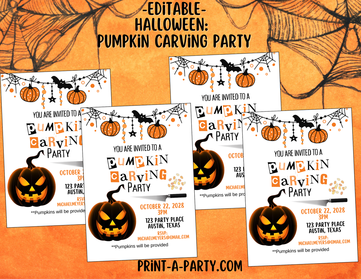 HALLOWEEN Editable Pumpkin Carving Party Invitation – Fall & Halloween Template for Fall Festivals, School events and more!