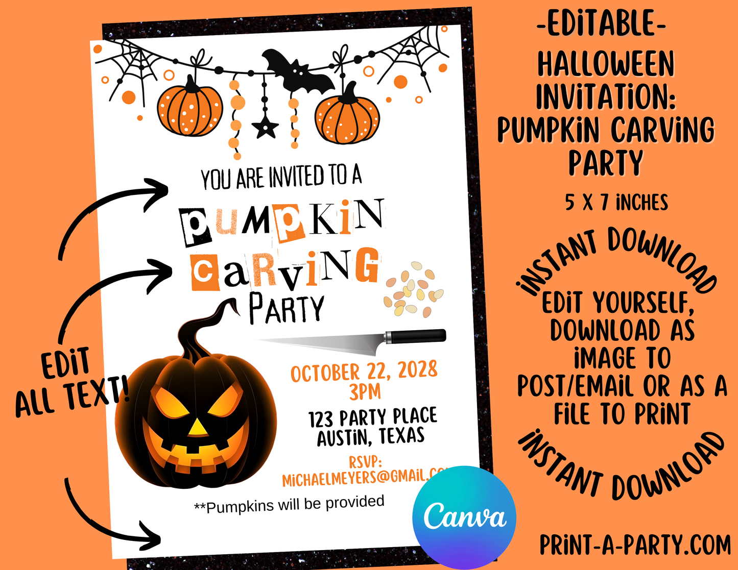 HALLOWEEN Editable Pumpkin Carving Party Invitation – Fall & Halloween Template for Fall Festivals, School events and more!