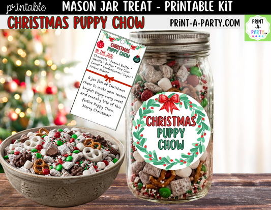 Christmas Puppy Chow in a Mason Jar Gift Printable Kit - Labels, Tag, Recipe & Instructions
