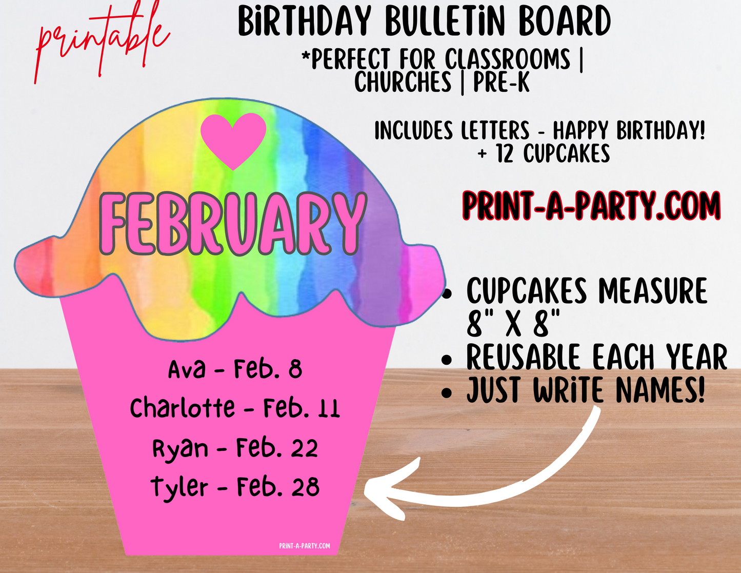 Birthday Bulletin Board Printable Display - Monthly Rainbow Cupcake Theme for Classroom Decor