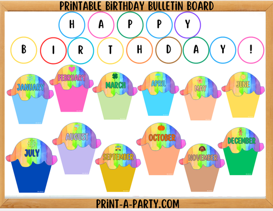 Birthday Bulletin Board Printable Display - Monthly Rainbow Cupcake Theme for Classroom Decor