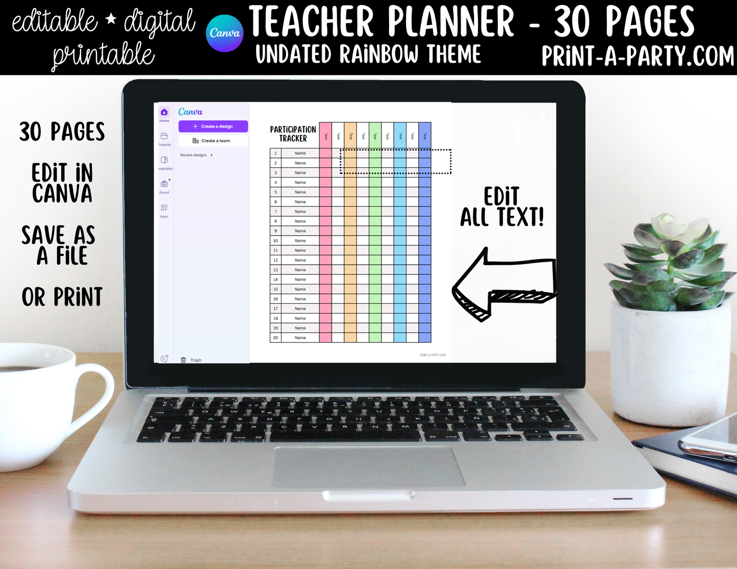 PLANNER: Editable Rainbow Teacher Planner Undated | 30-Page Canva Template with Covers