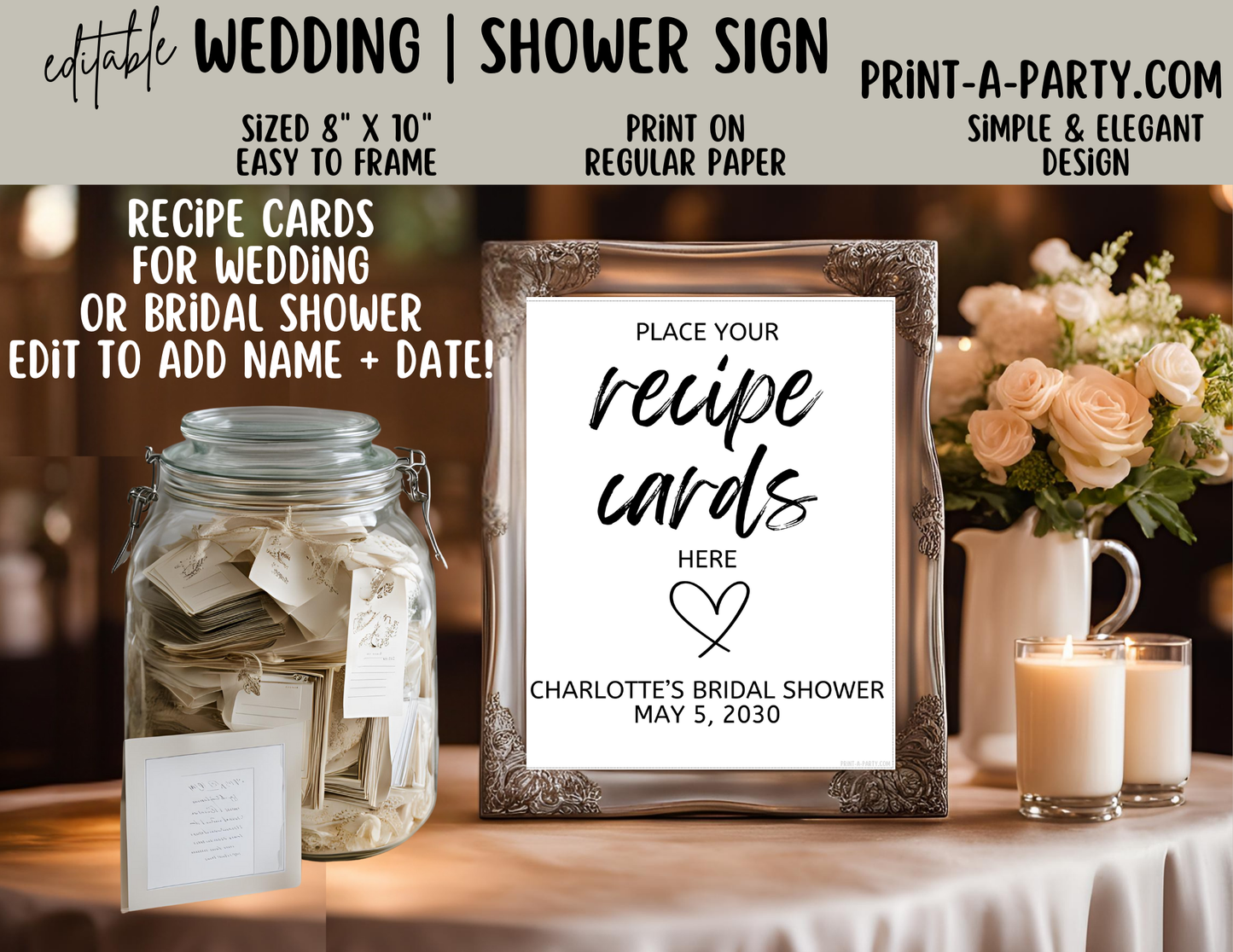Editable Wedding Sign: RECIPE CARDS Sign - Place Your Recipe Cards Here - Printable Canva template for weddings and showers
