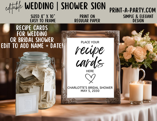 Editable Wedding Sign: RECIPE CARDS Sign - Place Your Recipe Cards Here  - Printable Canva template for weddings and showers