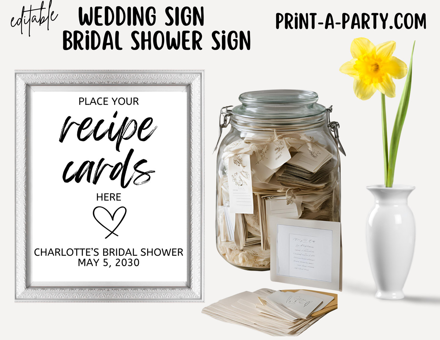 Editable Wedding Sign: RECIPE CARDS Sign - Place Your Recipe Cards Here - Printable Canva template for weddings and showers