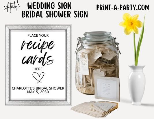 Editable Wedding Sign: RECIPE CARDS Sign - Place Your Recipe Cards Here  - Printable Canva template for weddings and showers