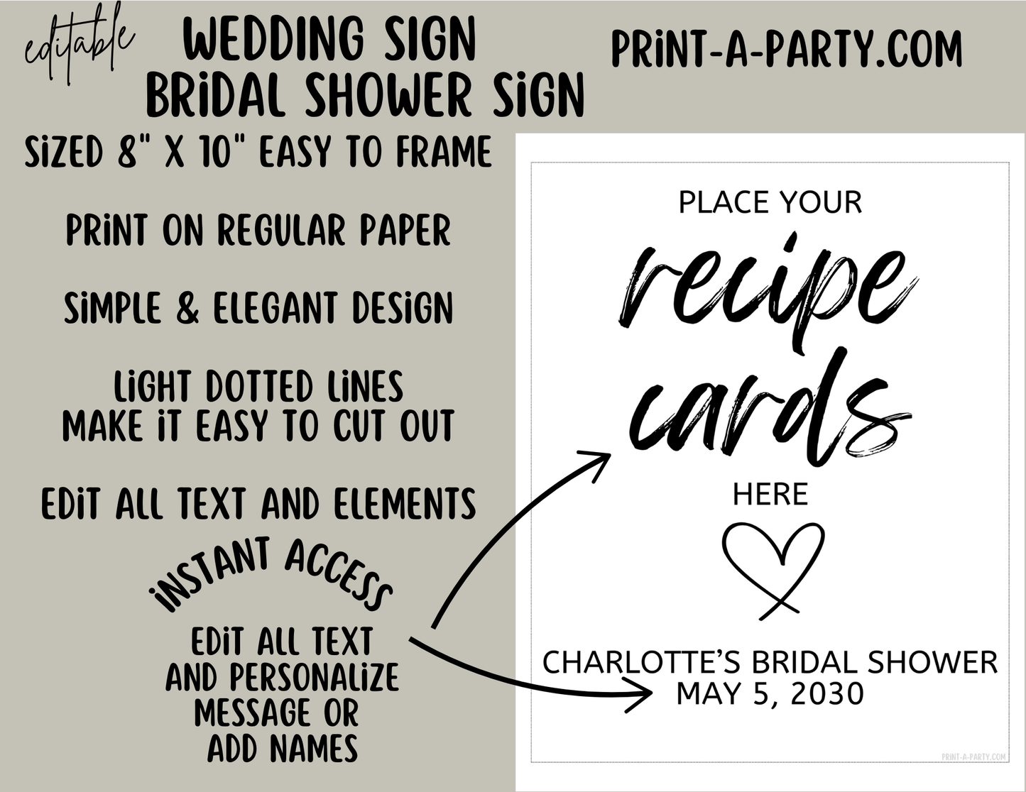 Editable Wedding Sign: RECIPE CARDS Sign - Place Your Recipe Cards Here - Printable Canva template for weddings and showers