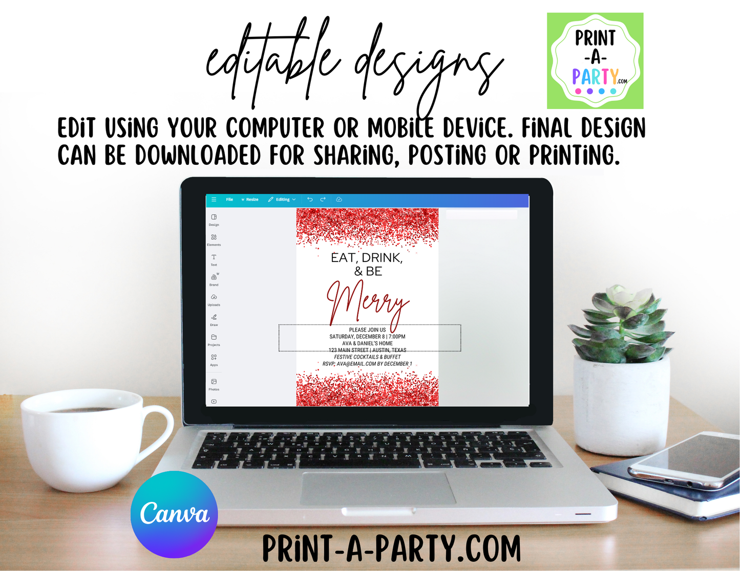 EAT, DRINK & BE MERRY Editable Christmas Party Invitation Template for Easy Sharing Posting or Printing