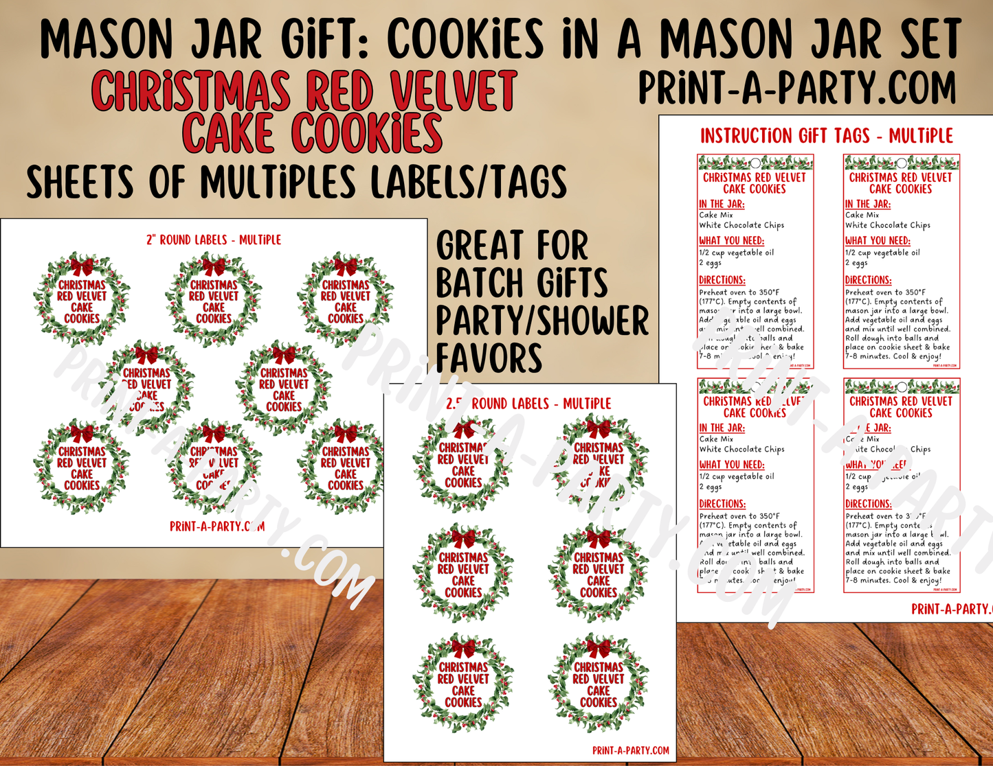 MASON JAR GIFT: Christmas Red Velvet Cake Cookies in a Mason Jar Printable Kit - DIY Gift Idea for the Holidays