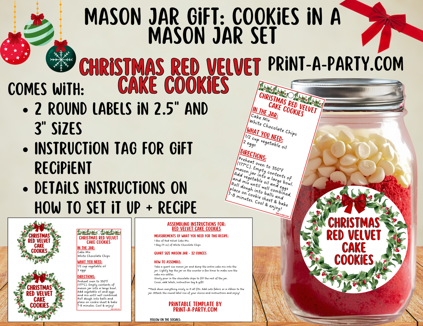 MASON JAR GIFT: Christmas Red Velvet Cake Cookies in a Mason Jar Printable Kit - DIY Gift Idea for the Holidays