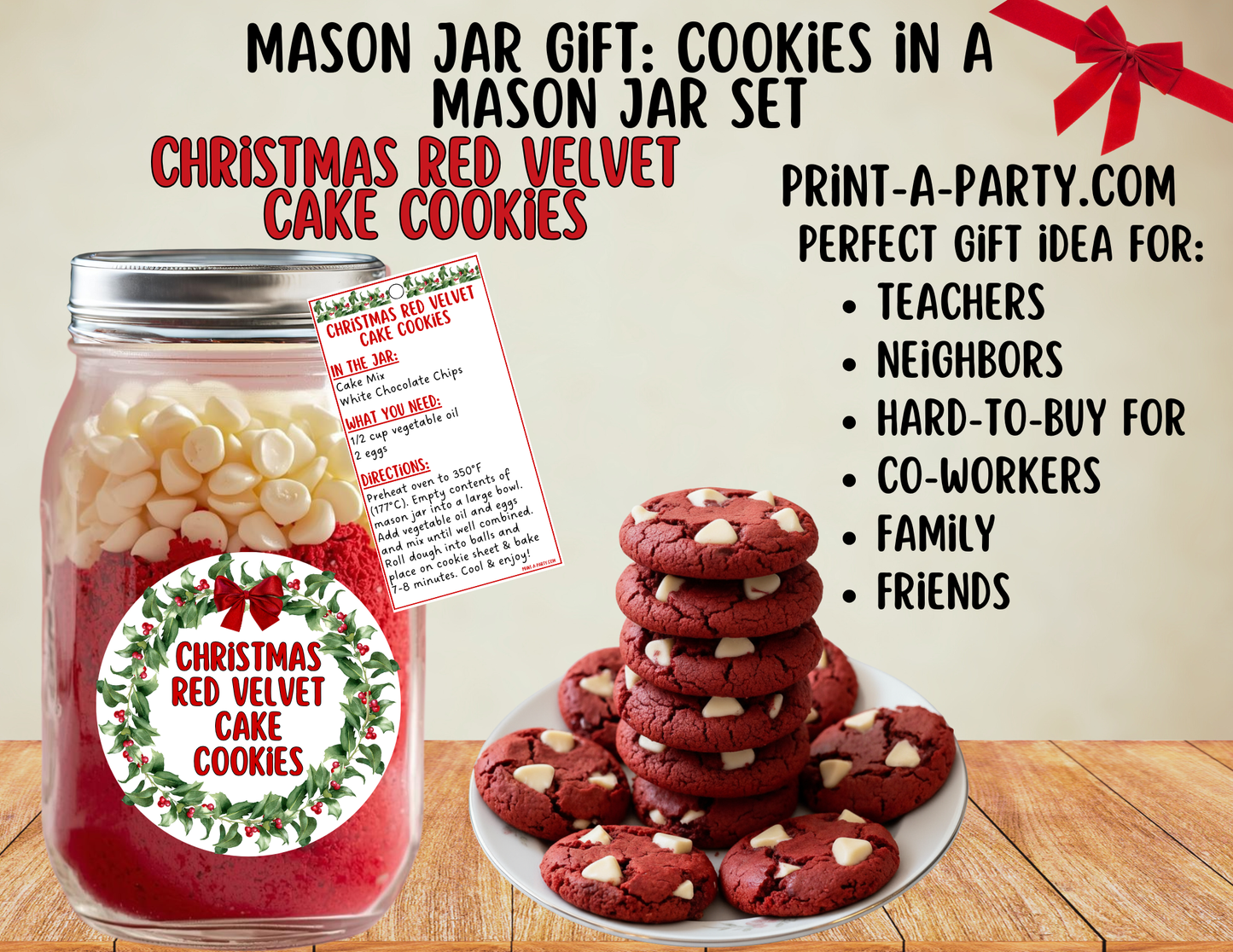 MASON JAR GIFT: Christmas Red Velvet Cake Cookies in a Mason Jar Printable Kit - DIY Gift Idea for the Holidays