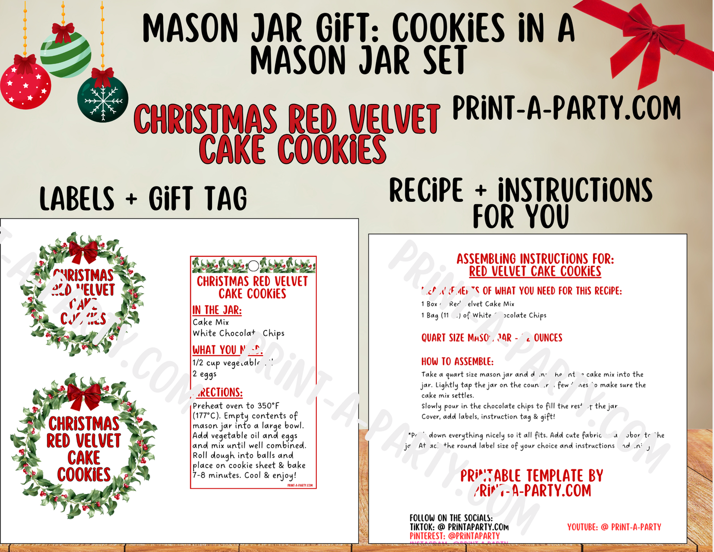 MASON JAR GIFT: Christmas Red Velvet Cake Cookies in a Mason Jar Printable Kit - DIY Gift Idea for the Holidays