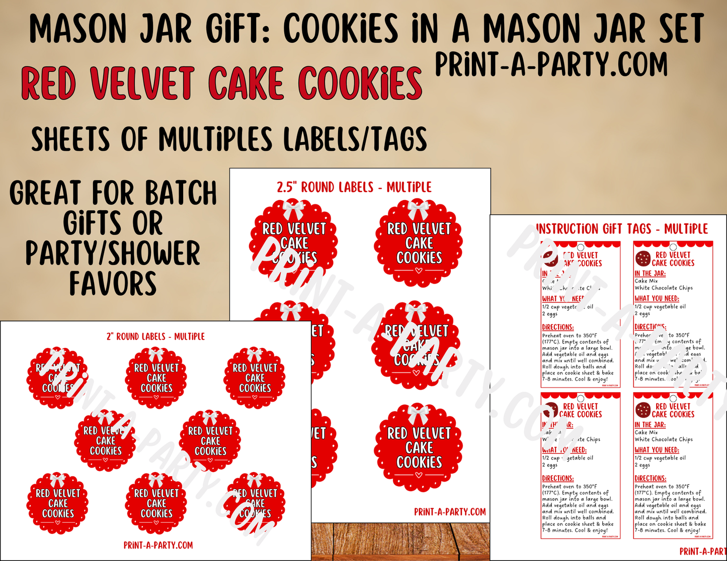 MASON JAR GIFT: Red Velvet Cake Cookies in a Mason Jar Printable Kit - DIY Gift Idea for Parties, Christmas, Valentine’s Day