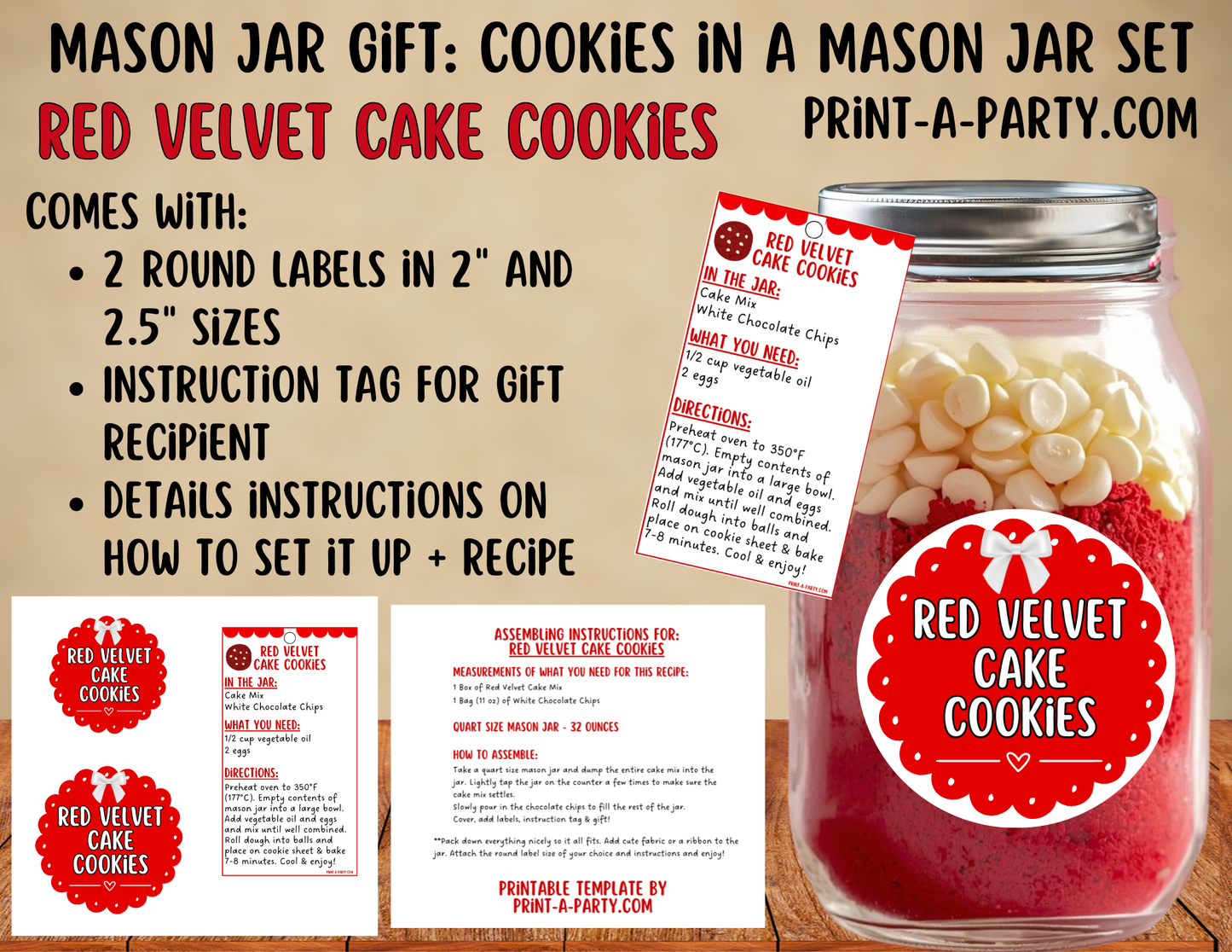 MASON JAR GIFT: Red Velvet Cake Cookies in a Mason Jar Printable Kit - DIY Gift Idea for Parties, Christmas, Valentine’s Day