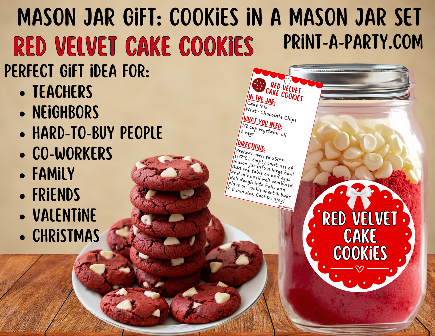 MASON JAR GIFT: Red Velvet Cake Cookies in a Mason Jar Printable Kit - DIY Gift Idea for Parties, Christmas, Valentine’s Day