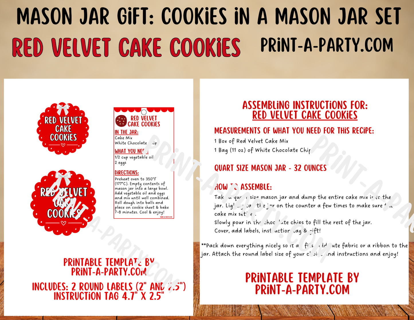 MASON JAR GIFT: Red Velvet Cake Cookies in a Mason Jar Printable Kit - DIY Gift Idea for Parties, Christmas, Valentine’s Day