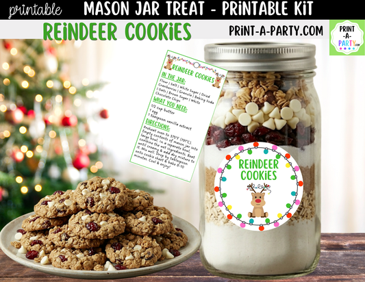 Reindeer Cookies in a Mason Jar Gift Printable Kit - Labels, Tag, Recipe & Instructions