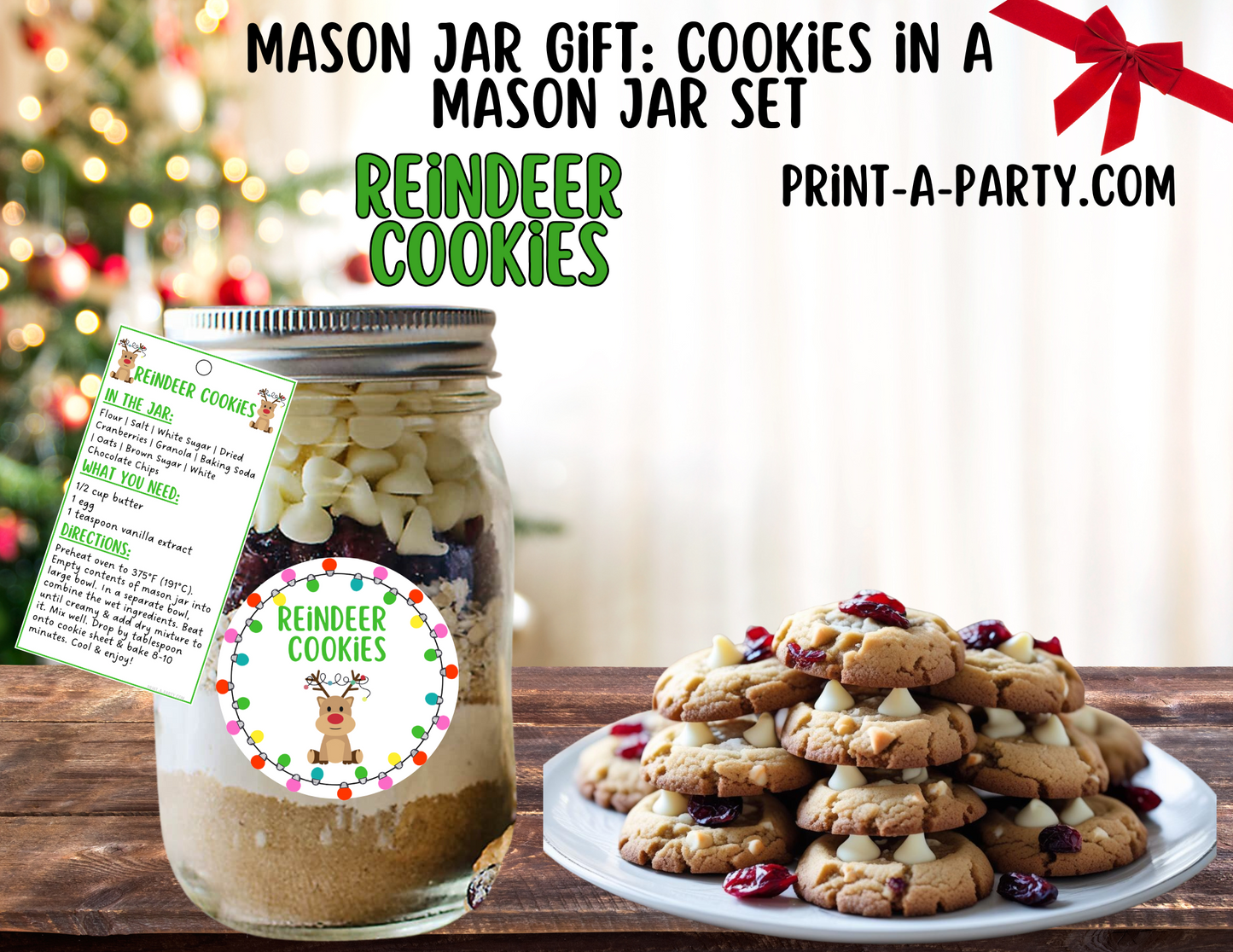 MASON JAR COOKIE GIFT: Reindeer Cookies in a Mason Jar Printable Kit - Perfect holiday gift for friends family neighbors teachers