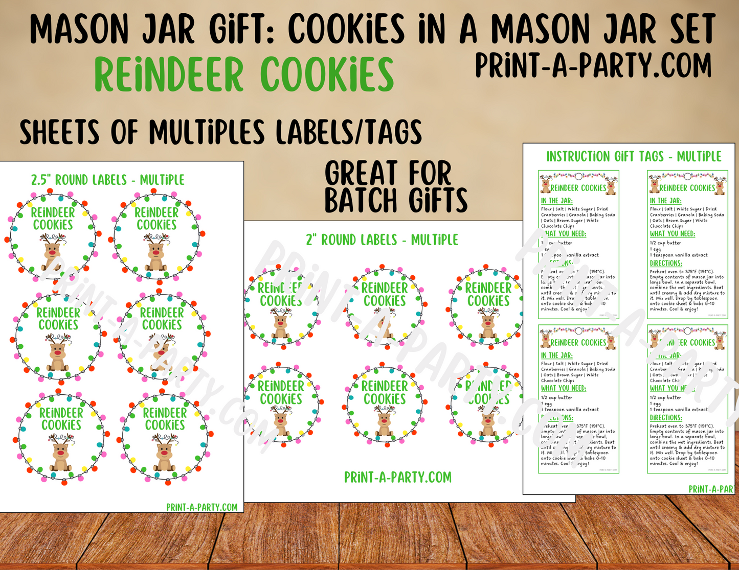 MASON JAR GIFT: Reindeer Cookies in a Mason Jar Printable Kit - Perfect holiday gift for friends family neighbors teachers