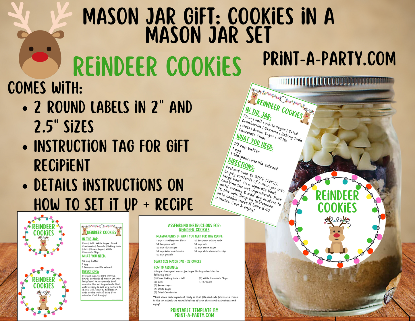 MASON JAR GIFT: Reindeer Cookies in a Mason Jar Printable Kit - Perfect holiday gift for friends family neighbors teachers