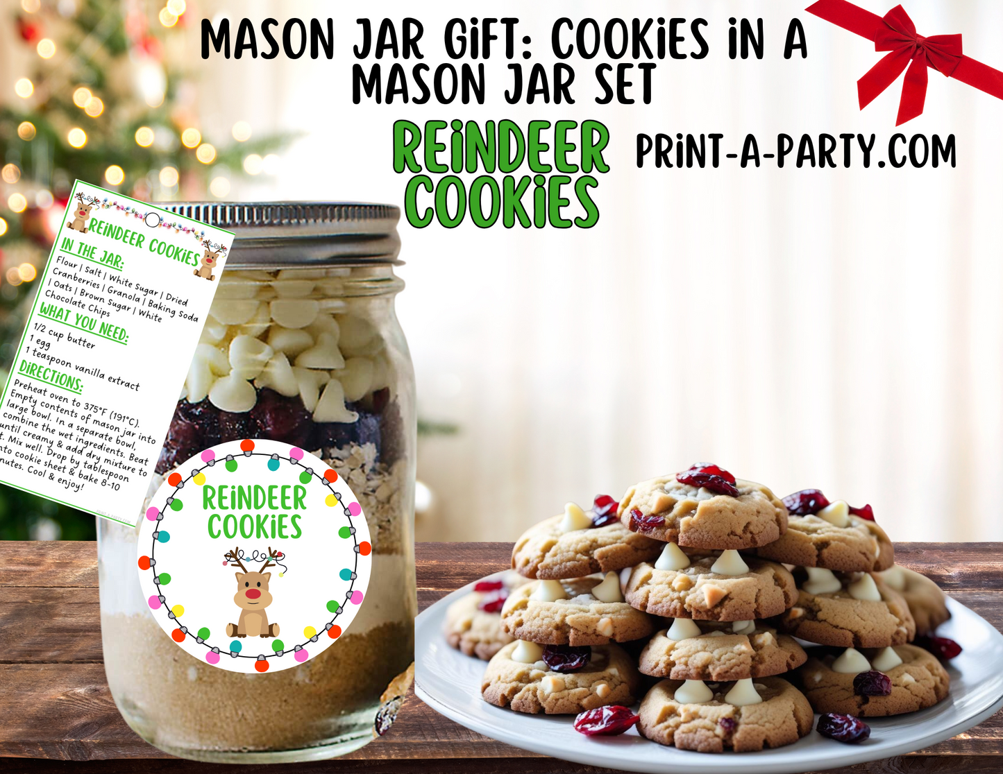 MASON JAR GIFT: Reindeer Cookies in a Mason Jar Printable Kit - Perfect holiday gift for friends family neighbors teachers