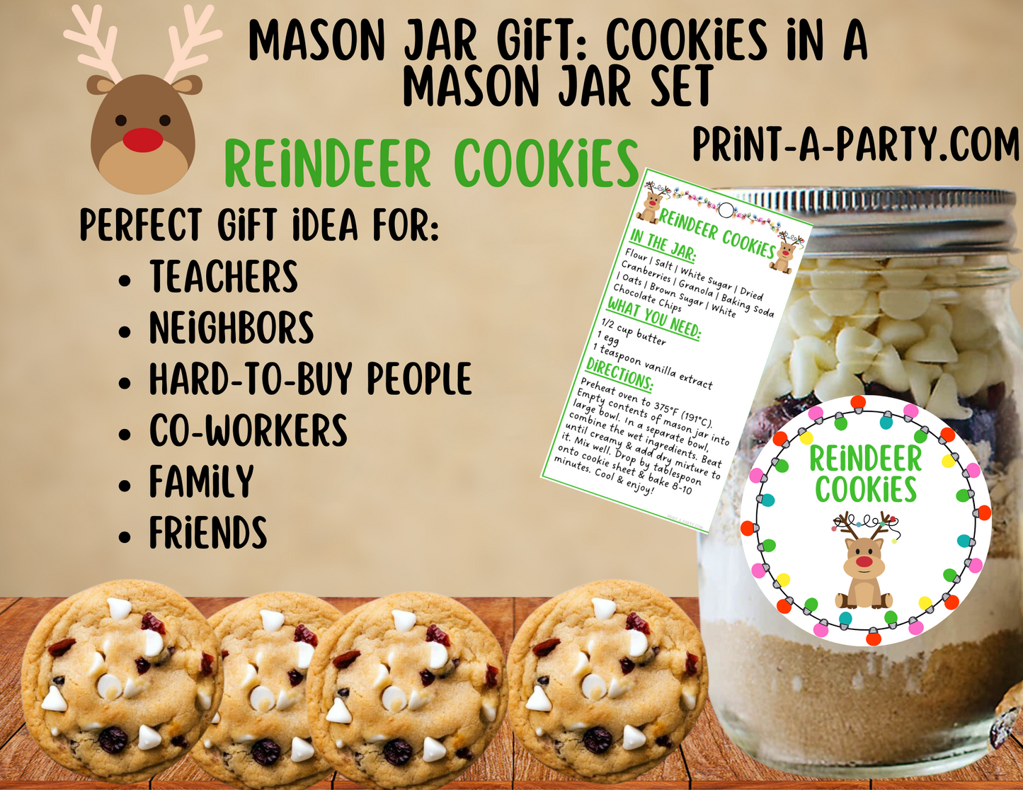 MASON JAR GIFT: Reindeer Cookies in a Mason Jar Printable Kit - Perfect holiday gift for friends family neighbors teachers