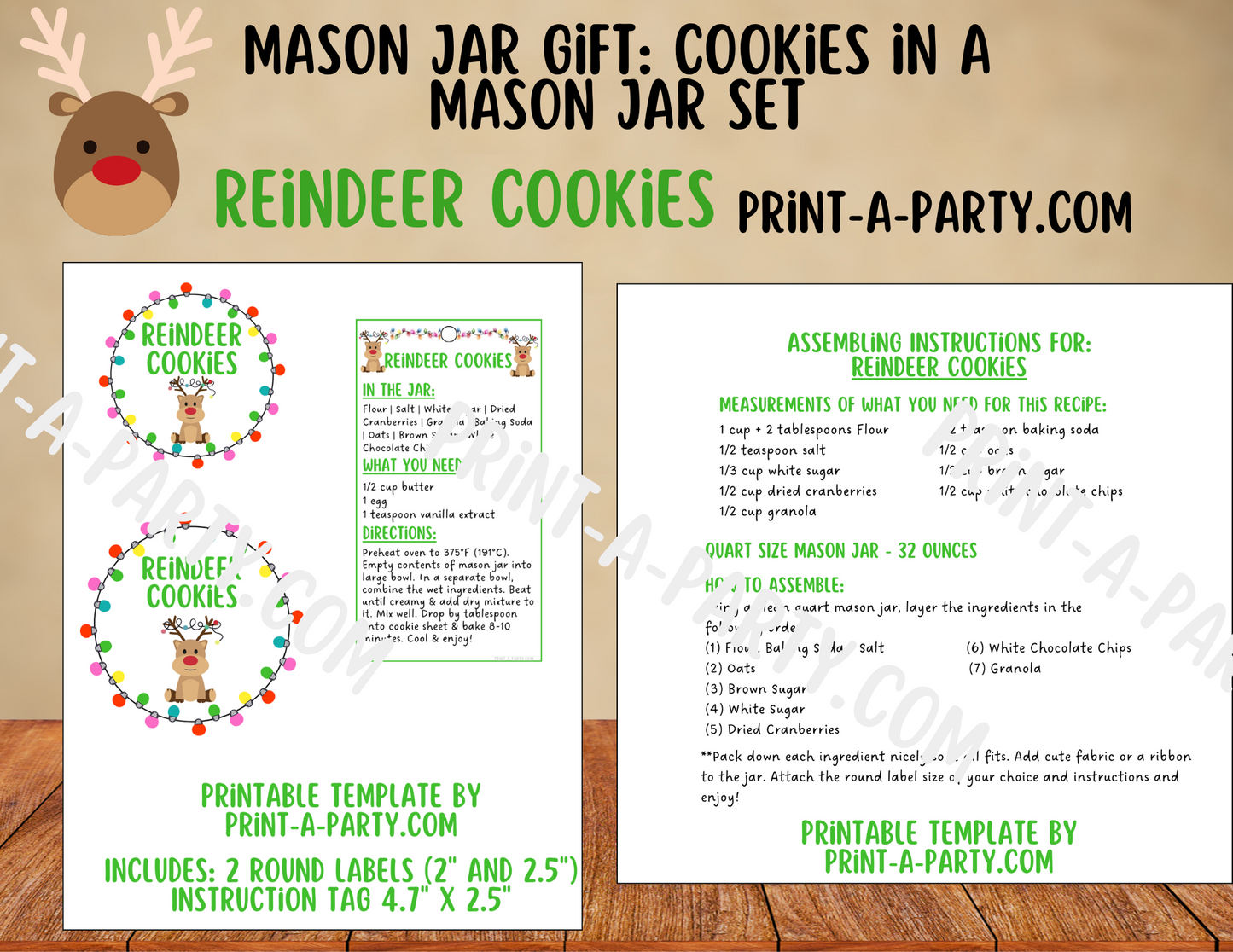 MASON JAR GIFT: Reindeer Cookies in a Mason Jar Printable Kit - Perfect holiday gift for friends family neighbors teachers