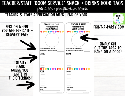 Printable Room Service Door Tags - Teacher and Staff Appreciation
