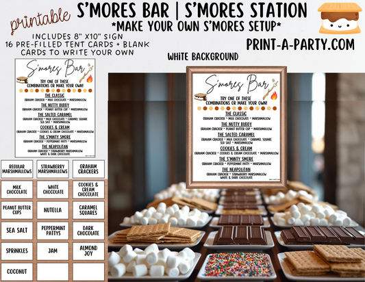 S'MORES BAR Printable - White Sign and Toppings Labels Template - Perfect for Parties, Showers, Birthdays, BBQ, Summer, Camping, Holidays or the Office