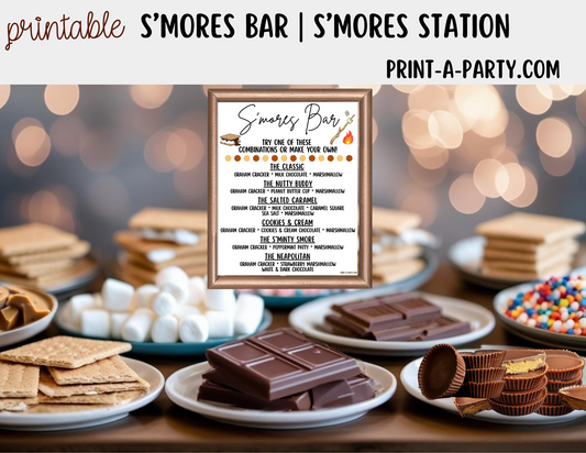 S'MORES BAR Printable - White Sign and Toppings Labels Template - Perfect for Parties, Showers, Birthdays, BBQ, Summer, Camping, Holidays or the Office