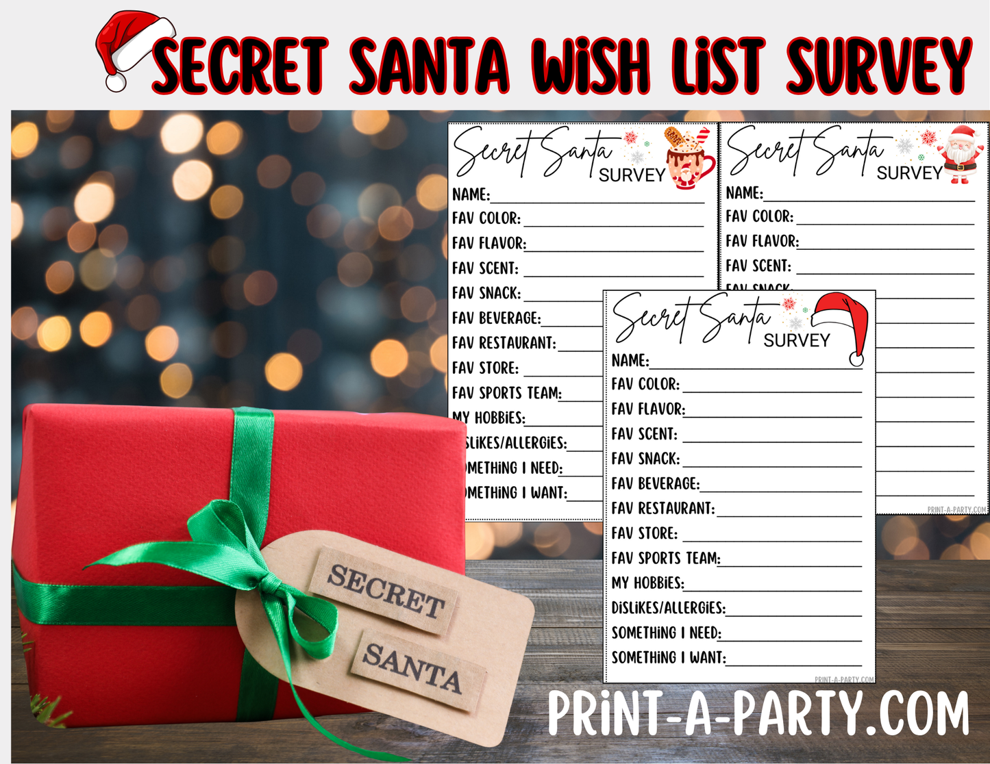 SECRET SANTA SURVEY Printable Secret Santa Wish List – Holiday Gift Exchange Cards
