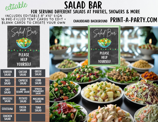 Editable SALAD BAR - Chalkboard - Printable Sign and Food Labels - For Parties, Showers, Office Events, Holidays and more!