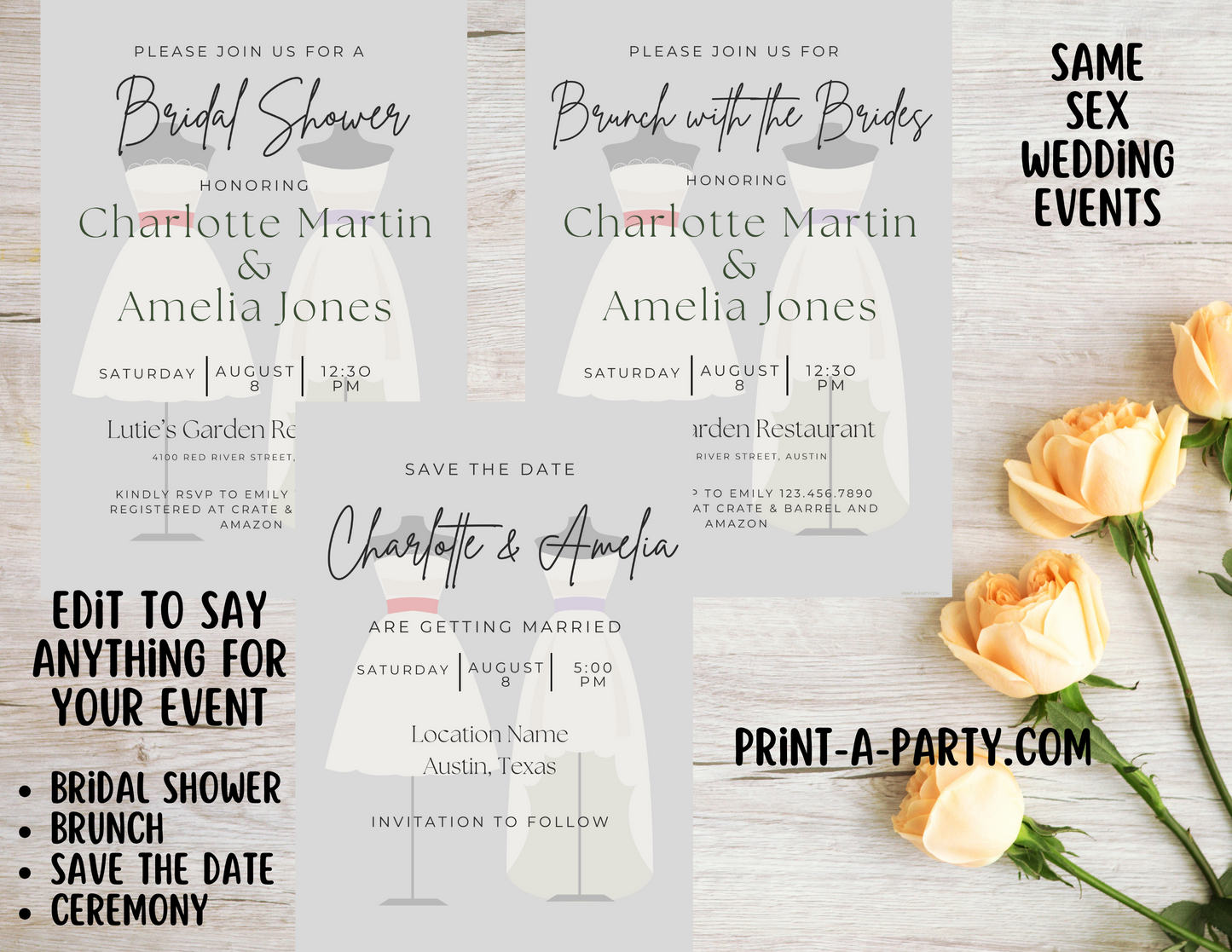 Wedding Event Invitation Template - LGBTQ+ Bridal Shower, Brunch, Save The Date, Engagement Party, Same-sex wedding