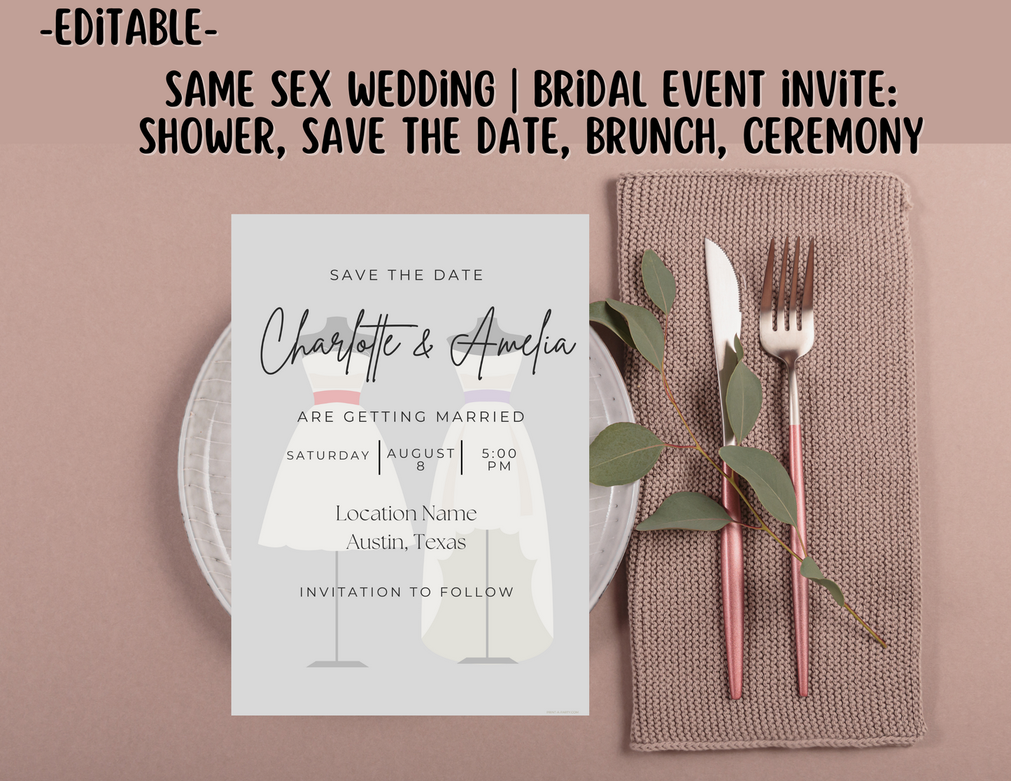 Wedding Event Invitation Template - LGBTQ+ Bridal Shower, Brunch, Save The Date, Engagement Party, Same-sex wedding