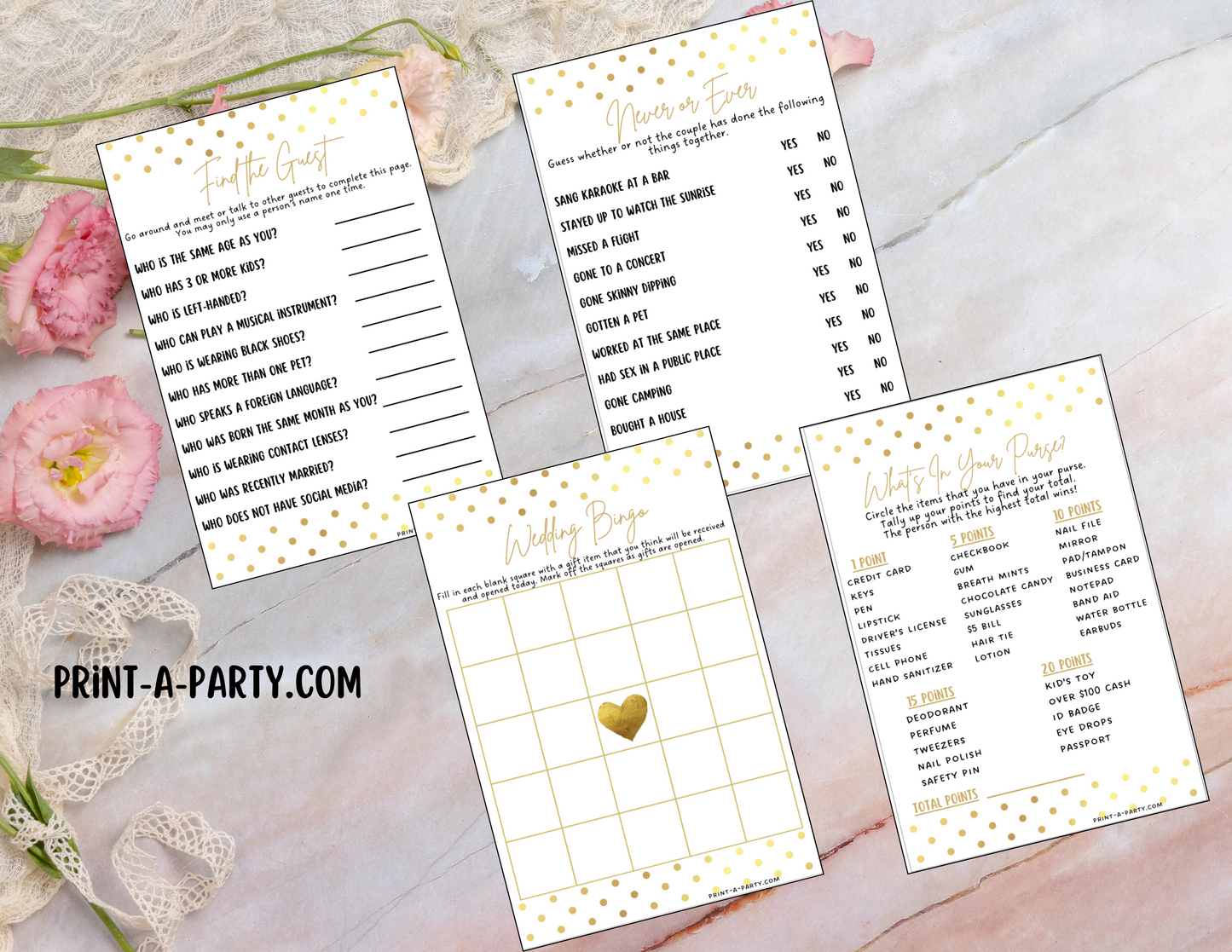 Same Sex Wedding Shower Game Bundle (4) | LGBTQ+ | Same Sex Wedding Activities | LGBTQ+ | Same Sex Weddings - Gold Polka Dots Design